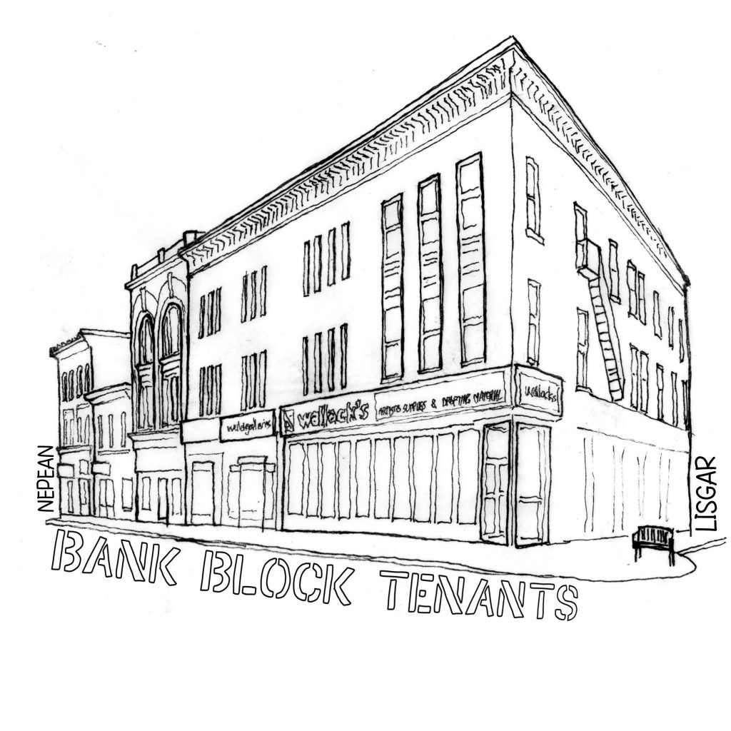 Hand drawn sketch of our block showing the east side of Bank Street between Lisgar Street and Nepean Street